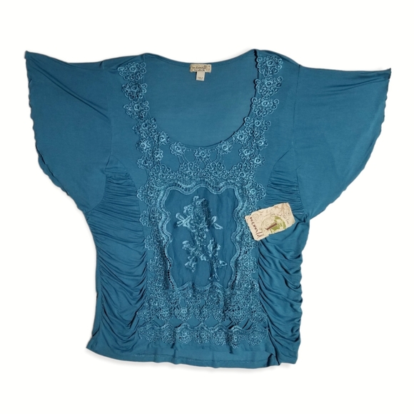 NWT One World Teal Lace Appliqué Top 1X Boho Cottagecore Ruched Butterfly Sleeve - Picture 8 of 11